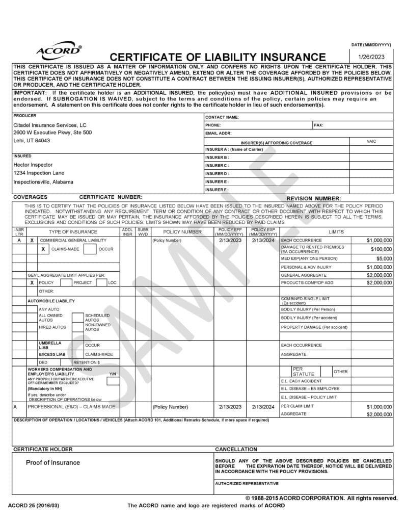 Example of a Certificate of Insurance