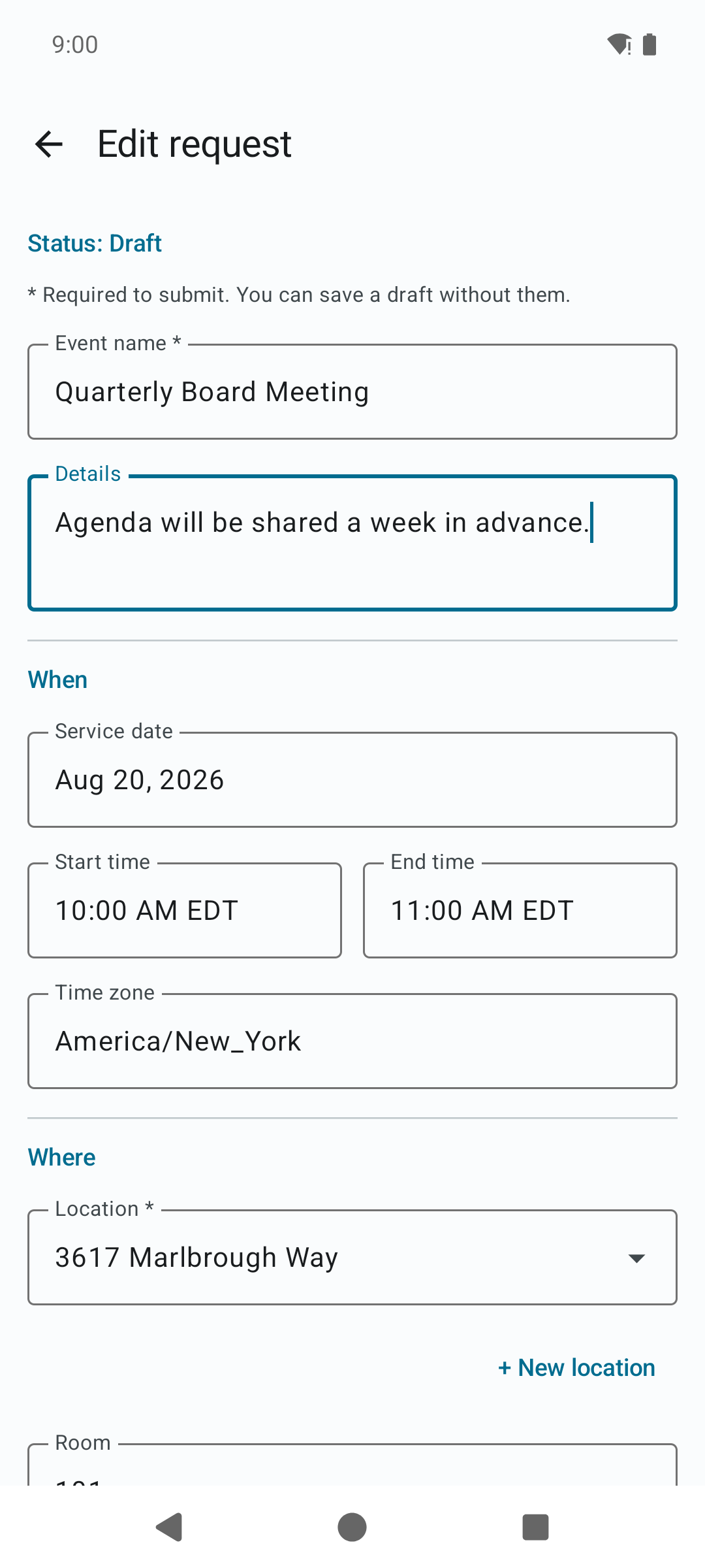 Top of the full request form with a legend explaining which fields are required to submit and that a draft can be saved without them, above the When section showing service date, times, and time zone.