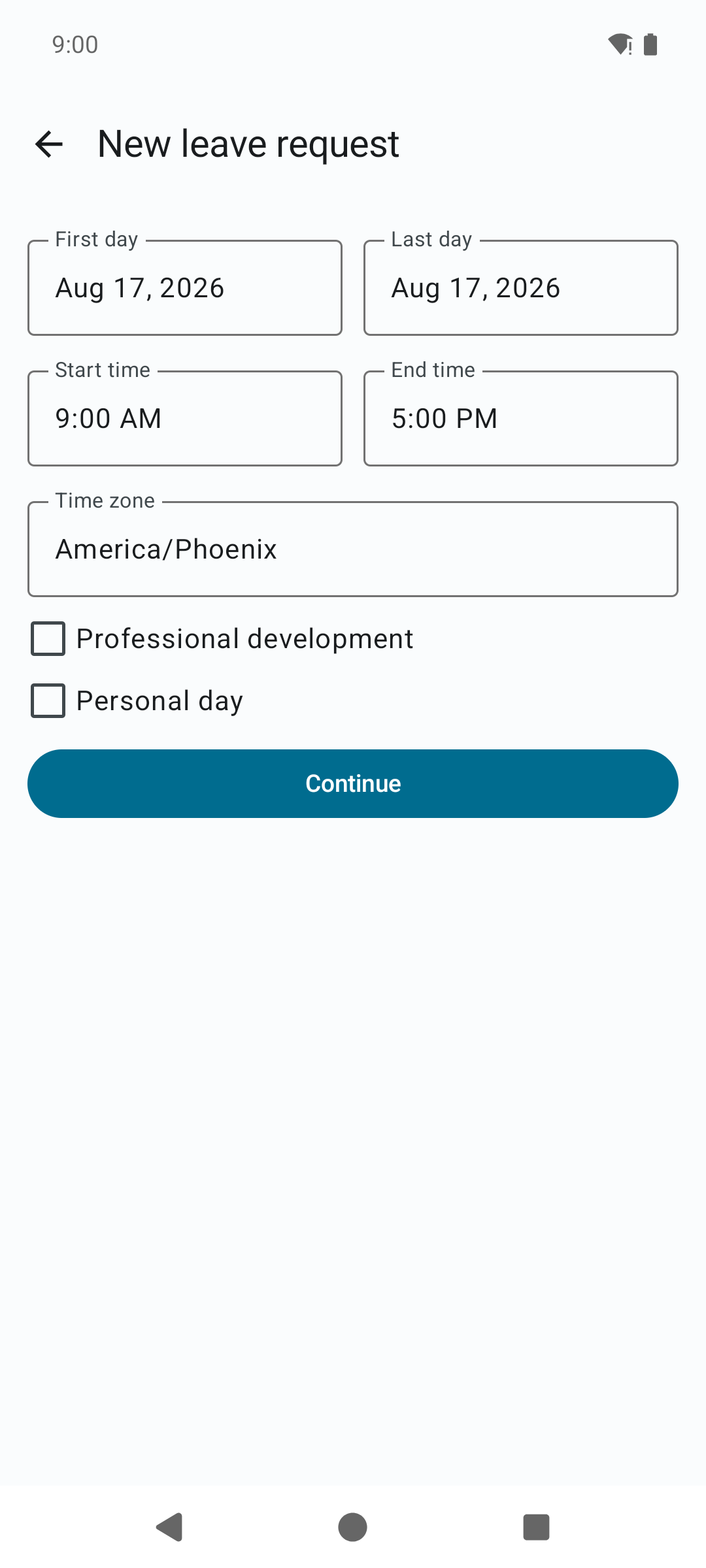 The New leave request form with First day, Last day, Start time, End time, and Time zone fields, checkboxes for Professional development and Personal day, and a Continue button.