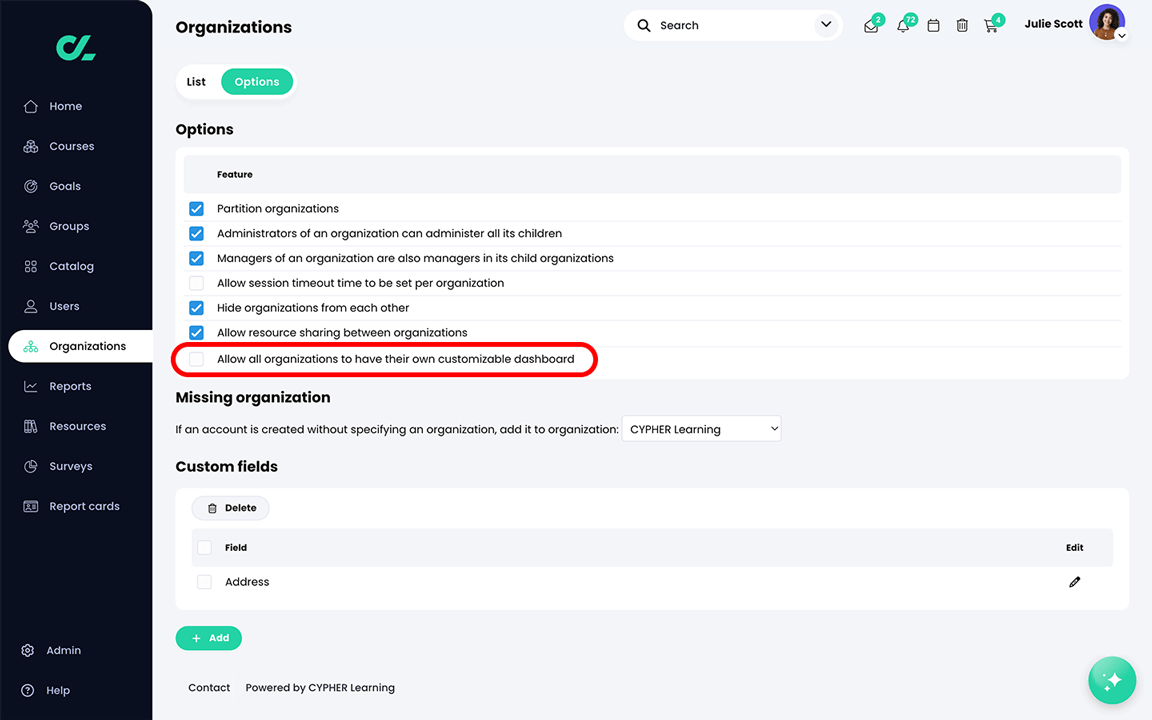 Organizations, Options tab with the Allow all organizations to have their own customizable dashboard setting highlighted