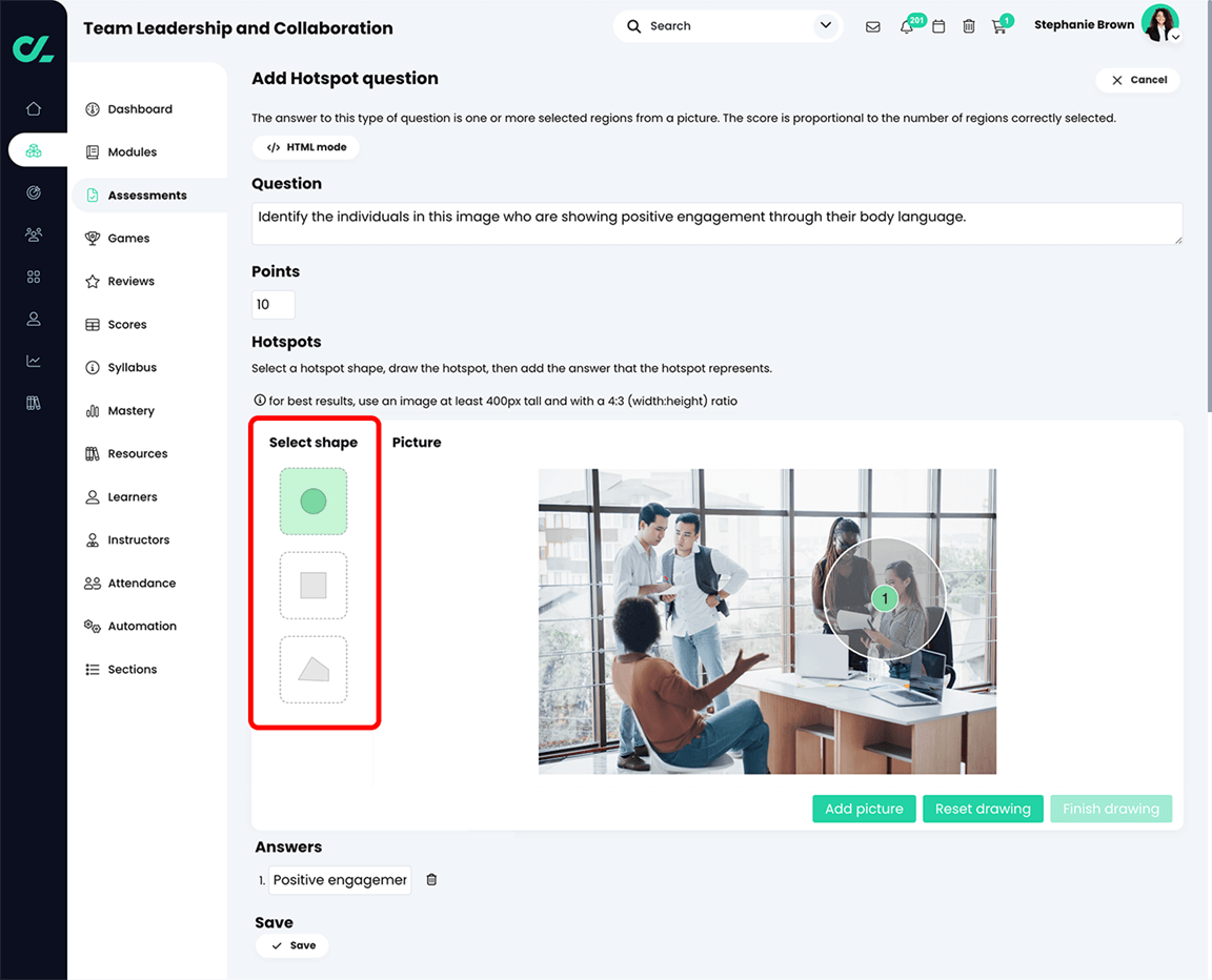 Course, Assessments, Quiz, Add Hotspot question page with the Select shape section highlighted