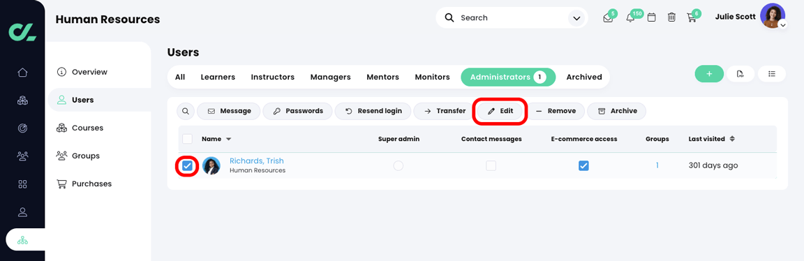 Organization, Users, Administrators tab with an administrator selected and highlighted and the Edit button highlighted