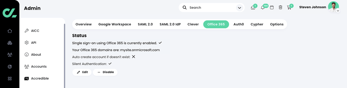 Admin, Single sign-on, Office 365 Status page with Office 365 SSO enabled