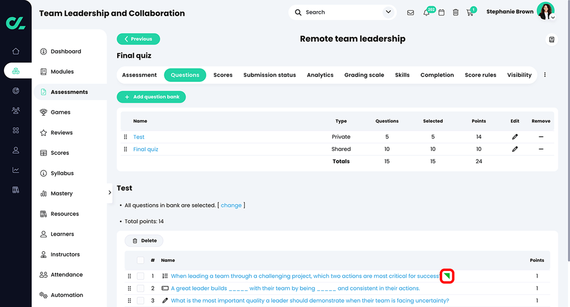 Course, Assessments, Quiz, Questions tab, list of questions with the green tag highlighted which indicates the question has associated skills