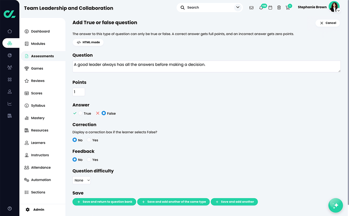 Course, Assessments, Quiz, Add True or false question page