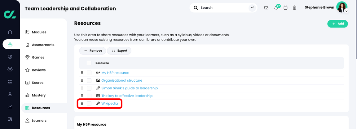 Course, Resources page with the newly added tool highlighted