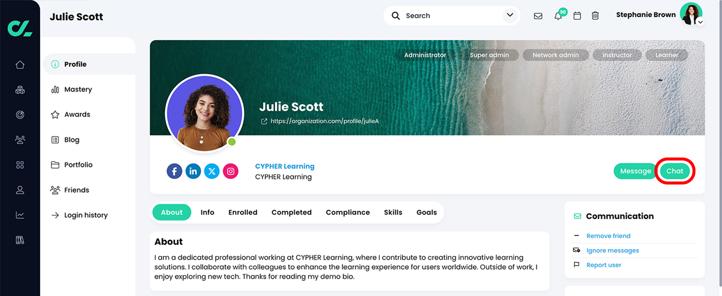 User profile page with the Chat button highlighted and the activity display indicating the user is online