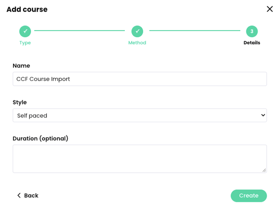 Add course popup, Details step with a sample Common Cartridge Format course