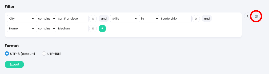 Export, Job titles tab with the Delete icon highlighted in the Filter section