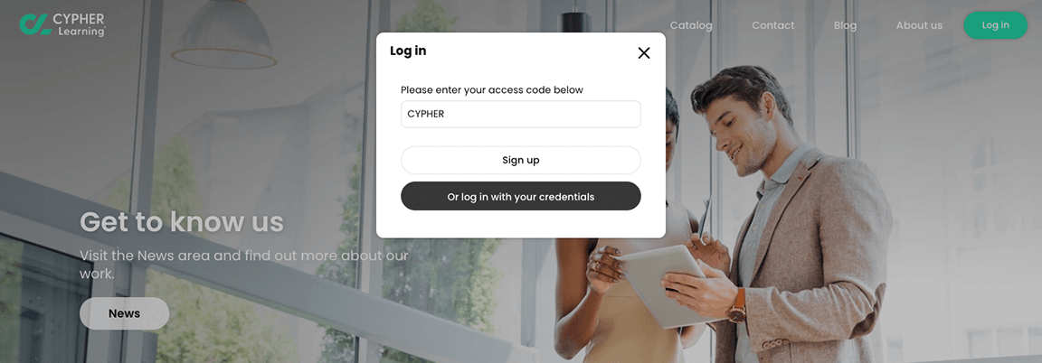 Visitor portal, Log in pop-up with a text field to enter an access code to sign up