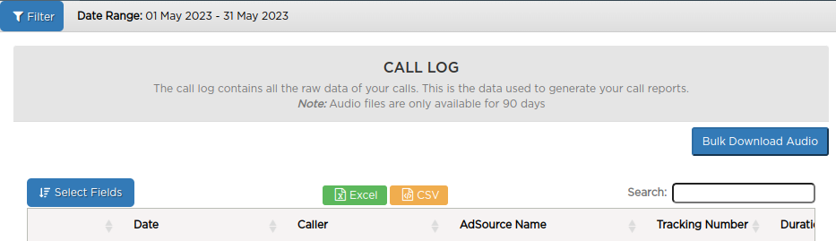 Call log header showing bulk download button