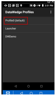 DataWedge Profiles screen showing Profile0 selected