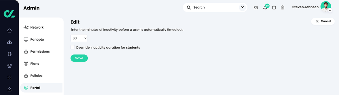 Admin, Portal, More tab, Session timeout Edit page