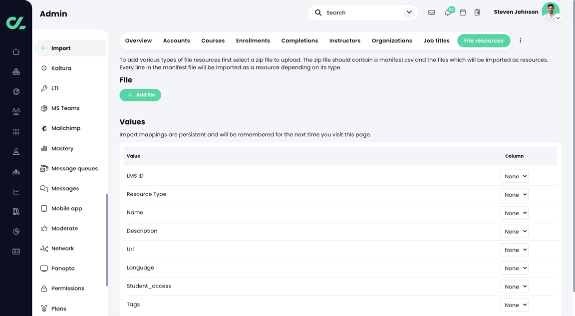 Admin, Import, File resources tab 