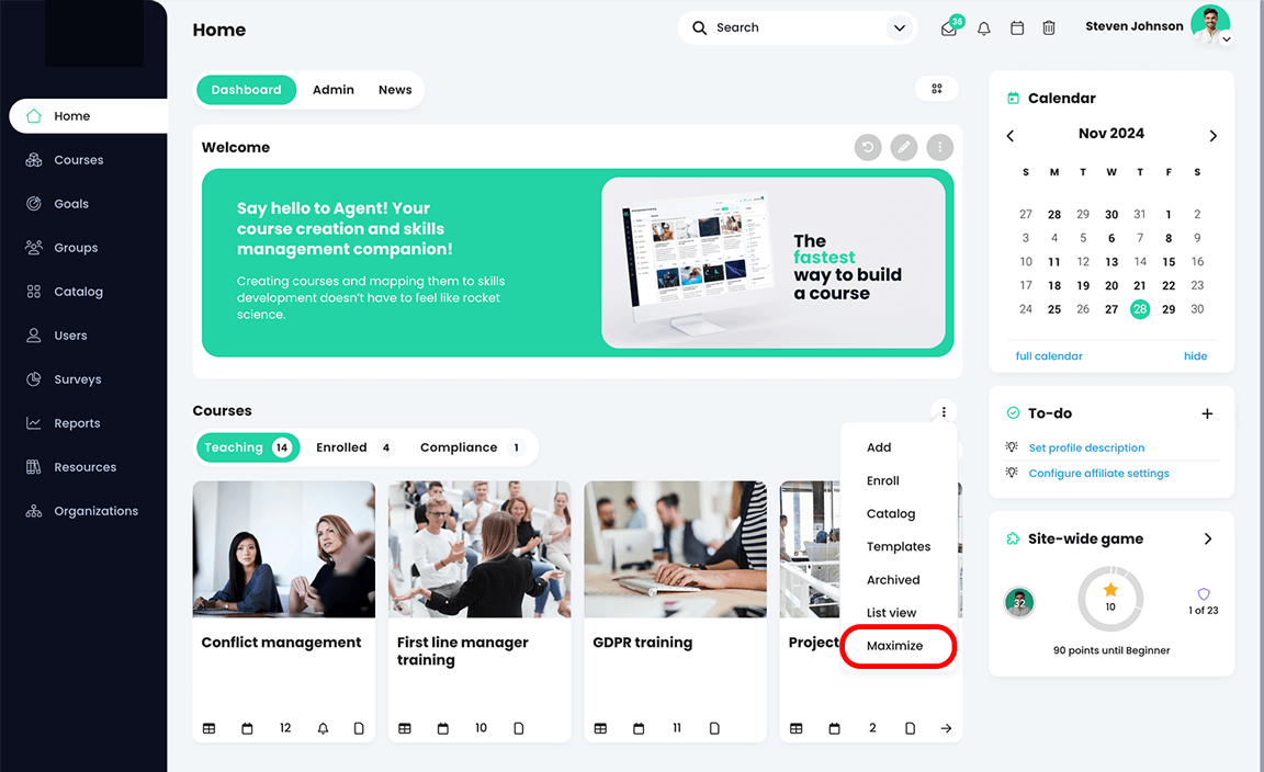Instructor home page dashboard, Courses widget with the three dot menu active and Maximize highlighted