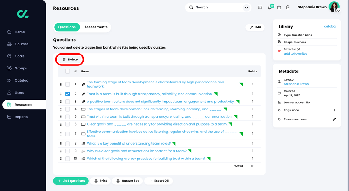 Resources, Question bank, Questions tab with a question selected and the Delete button highlighted