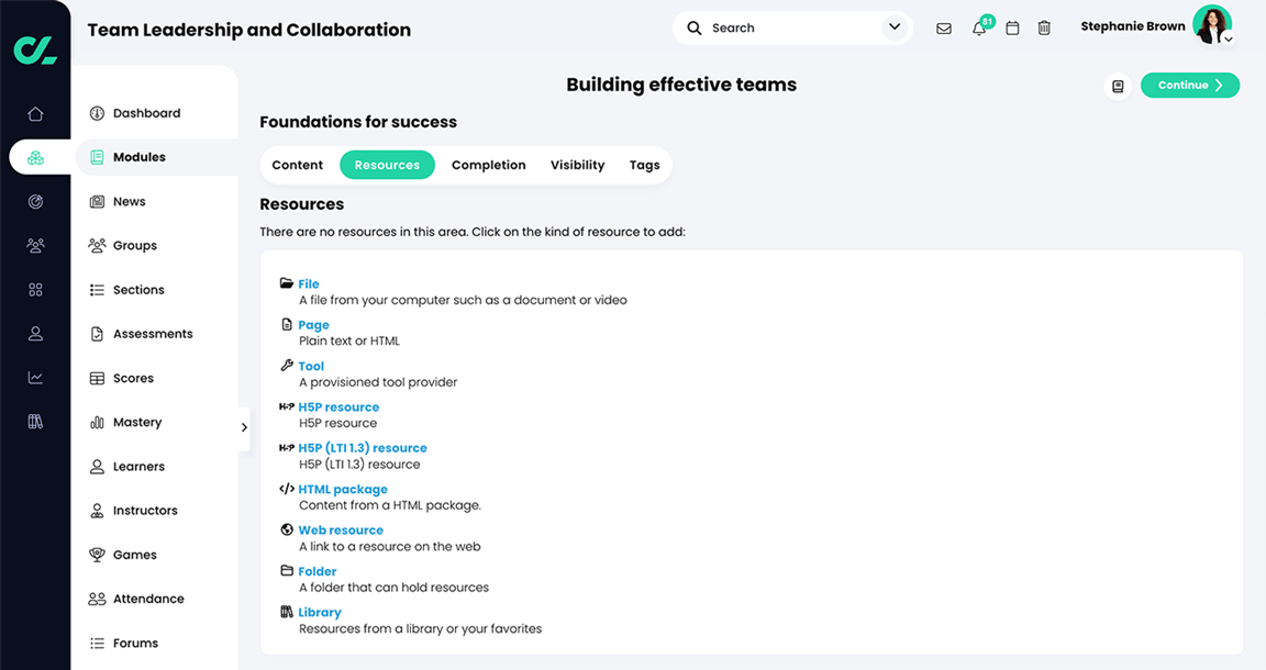 Course, Modules, Section, Resources tab