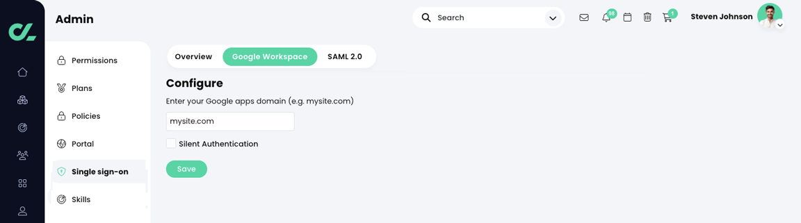 Admin, Single sign-on, Google Workspace tab, Configure page with an example domain entered 