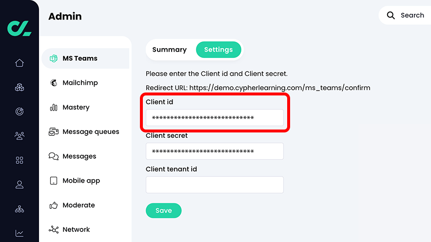 CYPHER platform, MS Teams, Settings tab with the Client id entered and highlighted