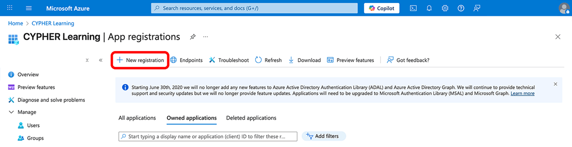 Azure portal, App registrations with the New registration button highlighted