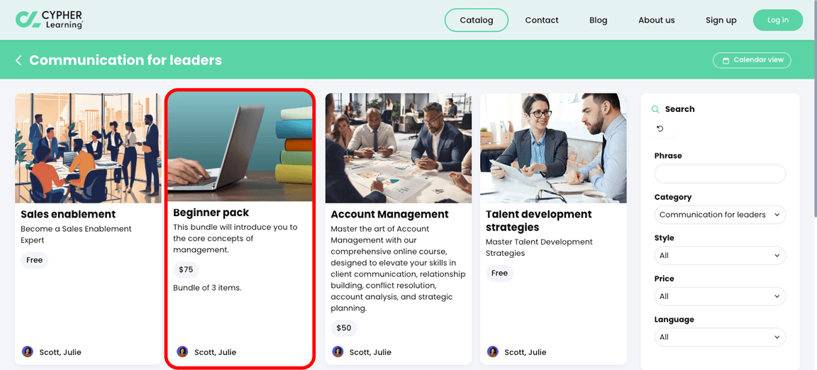 Visitor portal, Catalog, Communication for leaders category with a bundle highlighted