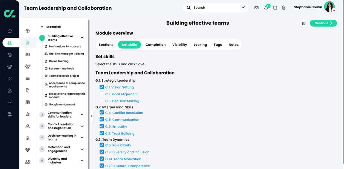 Course, Module overview, Set skills tab with specific skills selected for the module
