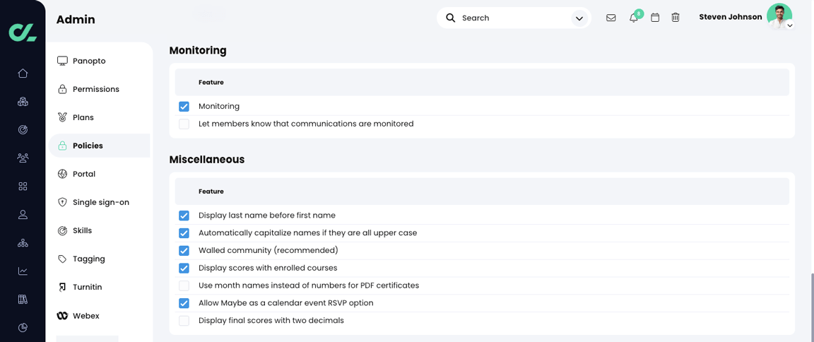 Admin, Policies, General tab, Monitoring and Miscellaneous sections
