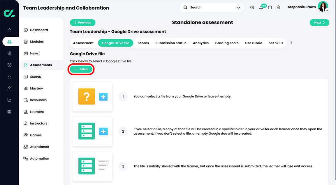 Course, Assessments, Google Drive assessment, Google Drive file tab with the Select button highlighted