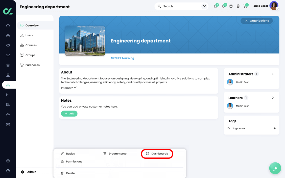 Organization page with the organization menu's Admin menu active and the Dashboards button highlighted