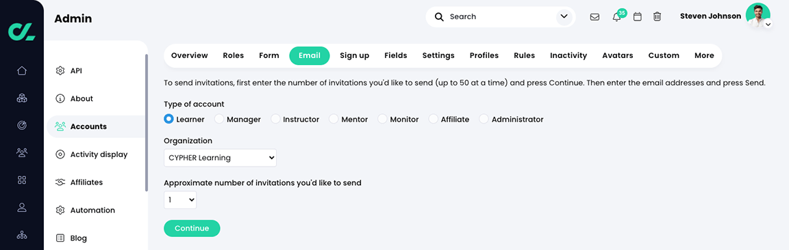 Admin, Accounts, Email tab