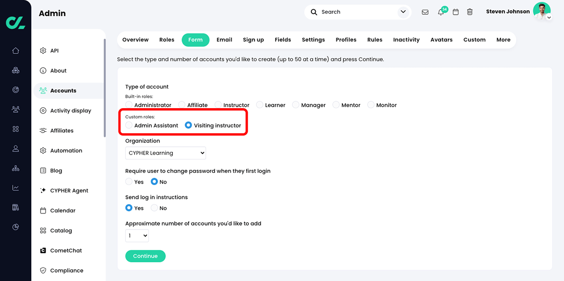 Admin, Accounts, Form tab with the Custom roles section highlighted