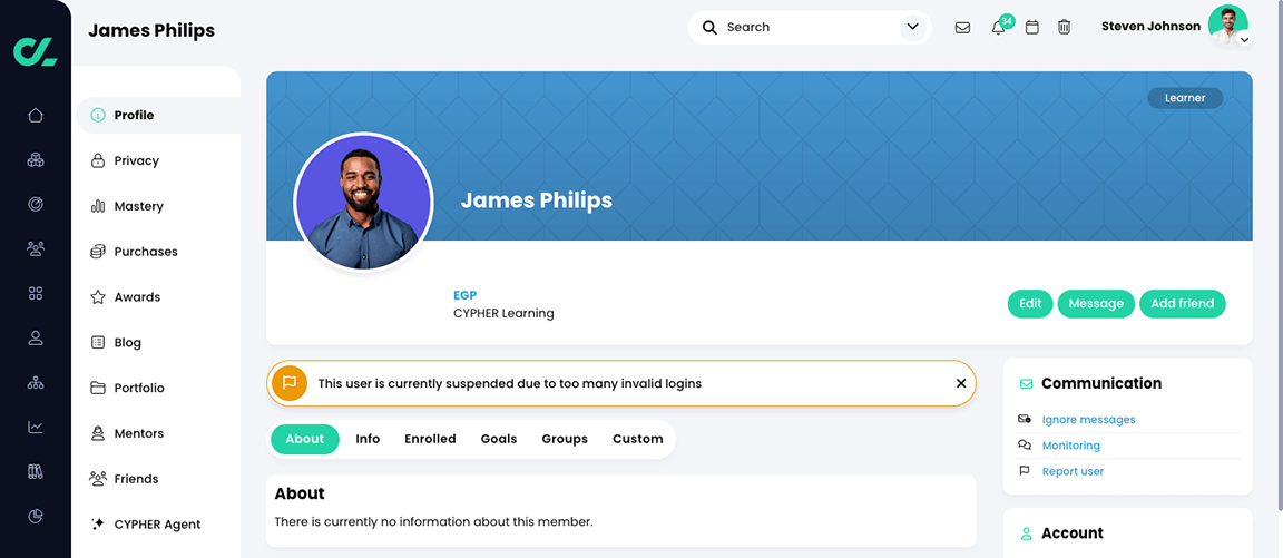 User profile with a 'This user is currently suspended due to too many invalid logins' message