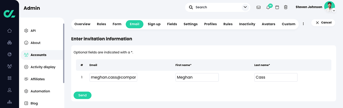 Admin, Accounts, Email tab, Email invitation information page with one user listed
