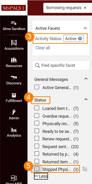 Active facets showing a list of interlibrary loan categories