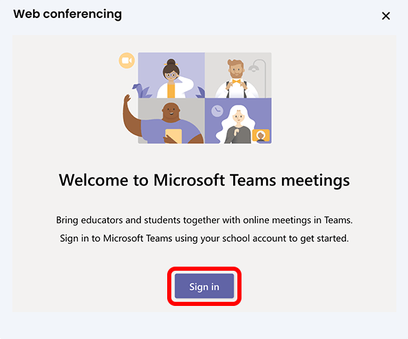 Microsoft Teams Web conferencing pop-up with the Sign in button highlighted