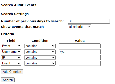 Screenshot of Audit search screen