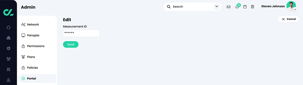 Admin, Portal, More tab, Google analytics Edit page with a tracking code entered in the Measurement ID field