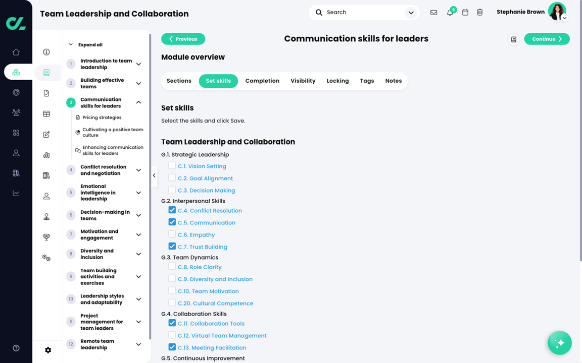 Course, Modules, Module overview, Set skills page with skills that are relevant to the module selected
