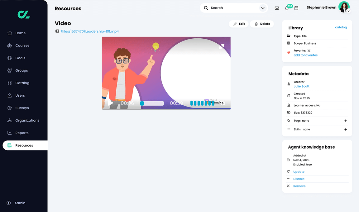 Resources, Video overview page, with the Agent knowledge base widget in the right panel