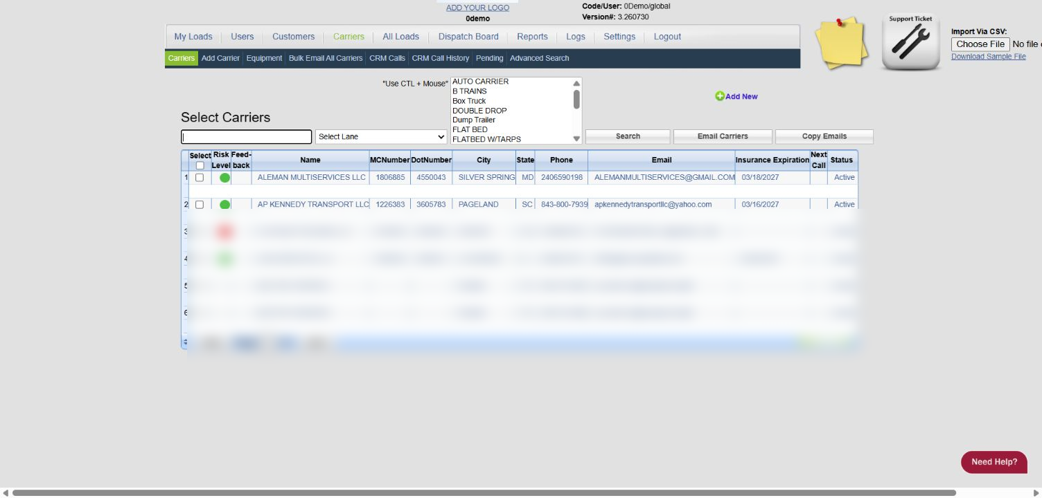 0Demo carrier and driver list with contact details redacted