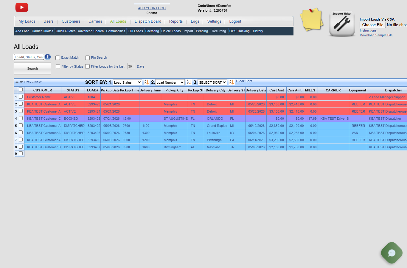 0Demo All Loads list showing the carrier or driver column in the load table