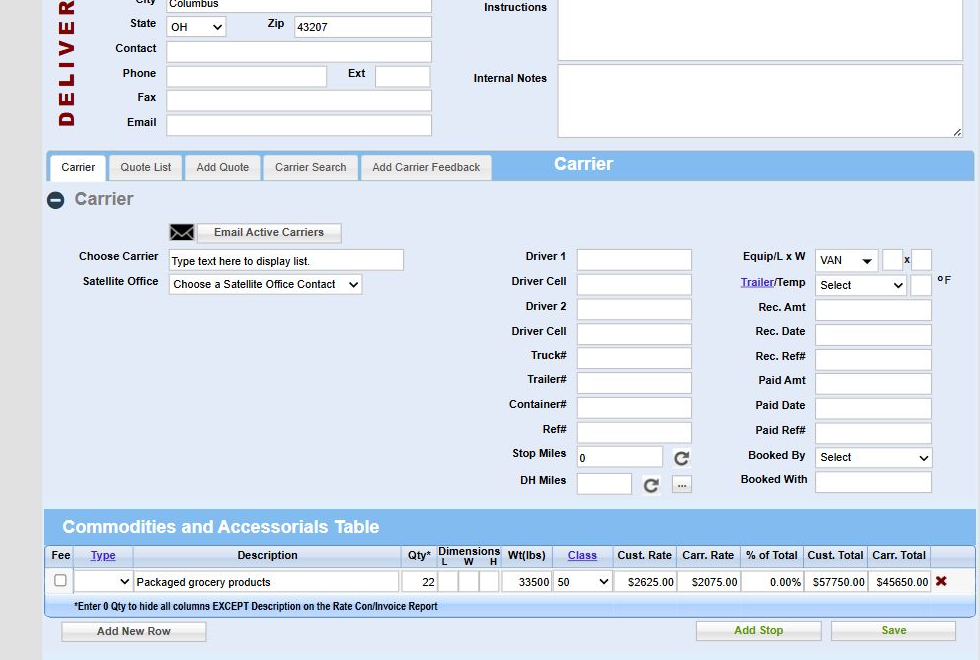 Carrier section on a saved load with Carrier Search tab and Commodities and Accessorials table