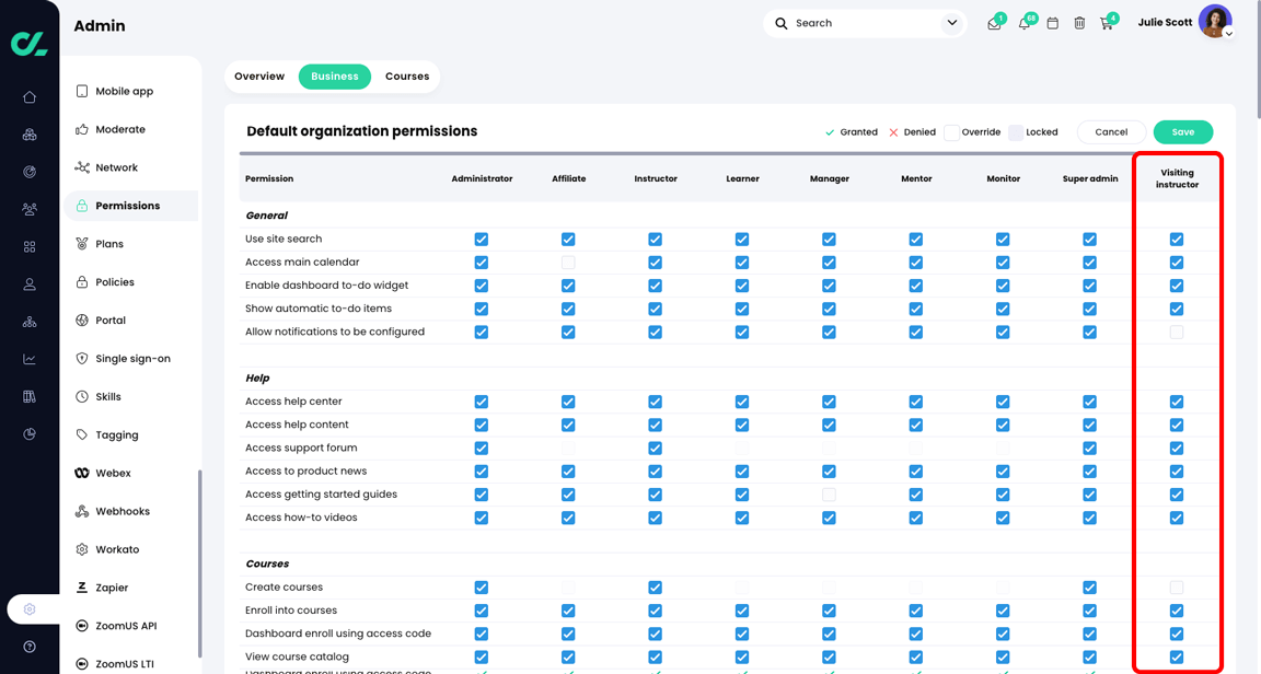 Admin, Permissions, Business tab, Default organization permissions table with the Visiting instructor column editable and highlighted