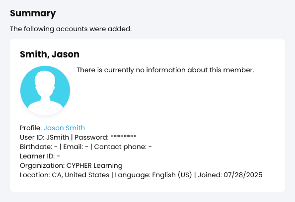 The Summary page for a newly created account