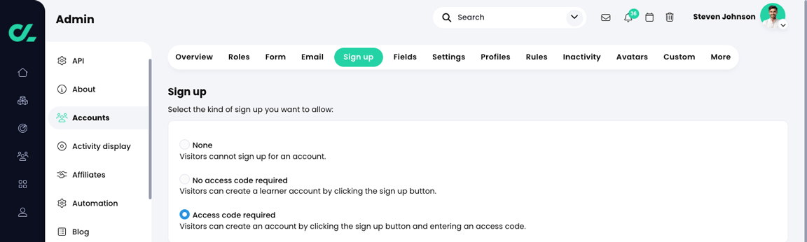Admin, Accounts, Sign up tab with Access code required selected