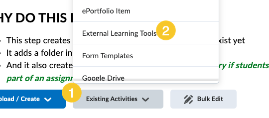 Steps indicate first clicking existing activities and then choosing external learning tools