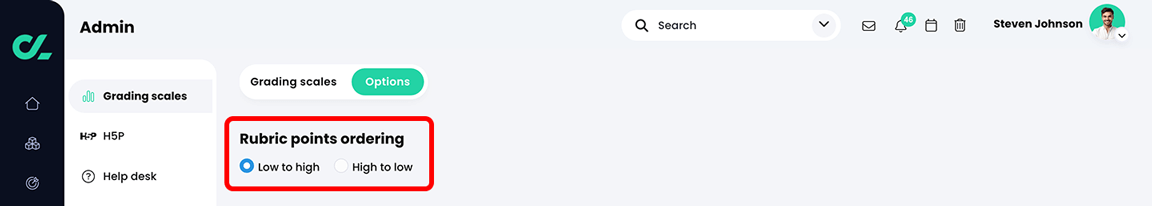 Admin, Grading scales, Options tab with the Low to high and High to low radio buttons highlighted in the Rubric points ordering section