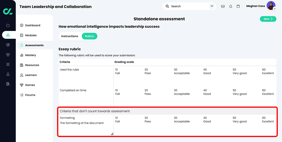Learner perspective of a course, Essay assessment, Rubric tab with the criterion row highlighted that does not count towards the assessment score