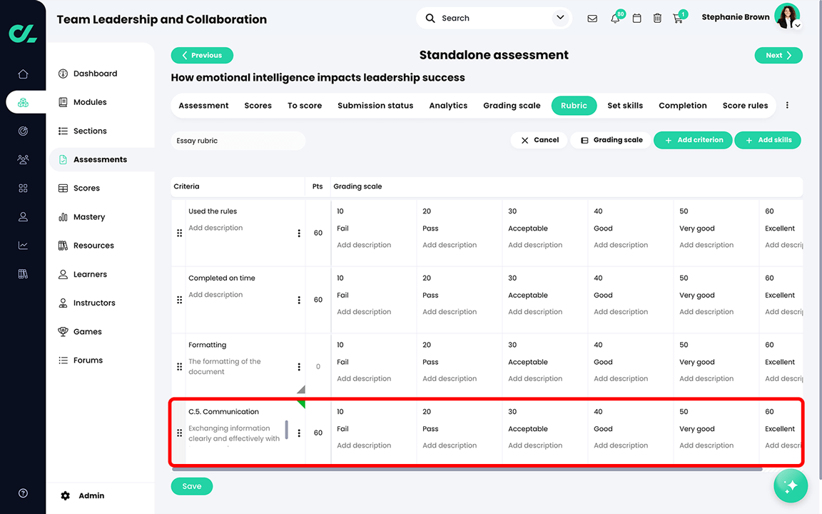 Course, Assessments, Essay Assessment, Rubric tab with a criterion row highlighted that was updated with a skill 