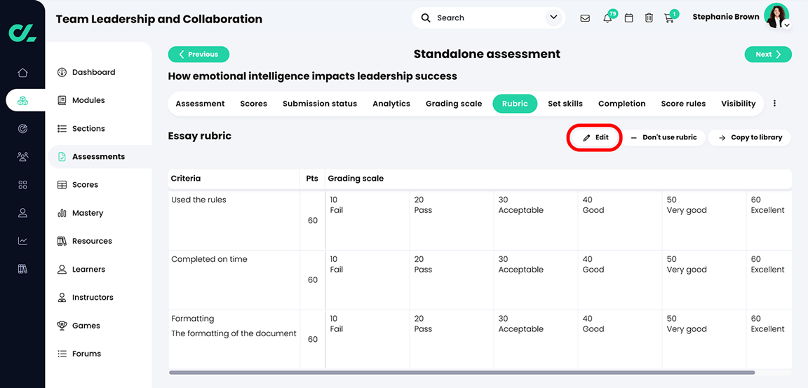 Course, Assessments, Essay Assessment, Rubric tab with the Edit button highlighted